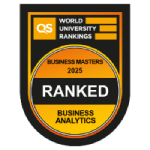 Business masters badge highlighting qs world university rankings for global business analytics, ranked in 2025.