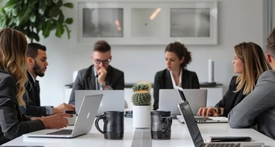 A group of professionals working on their laptops at a conference table.