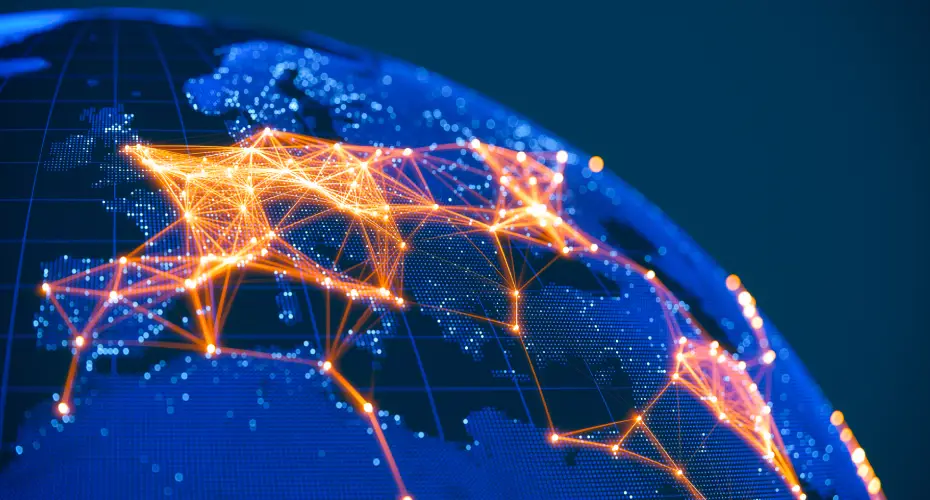 A digital map of the earth and huge network, credit to nasa) gettyimages-1414371930